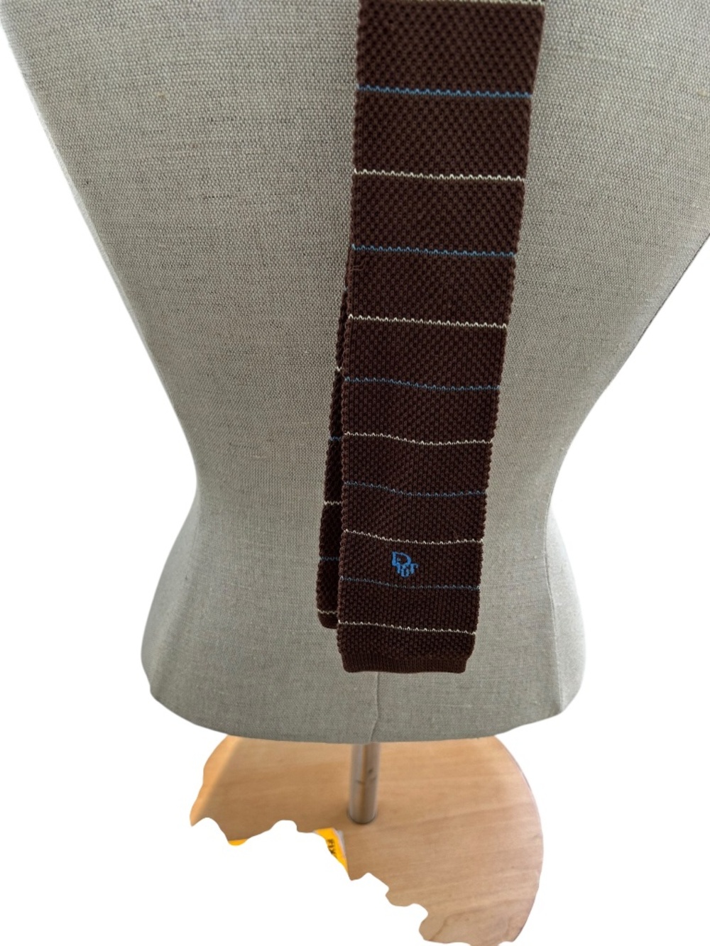 Christian Dior squared hem wool sweater brown blue stripe embroidered DIOR tie - Picture 3 of 5